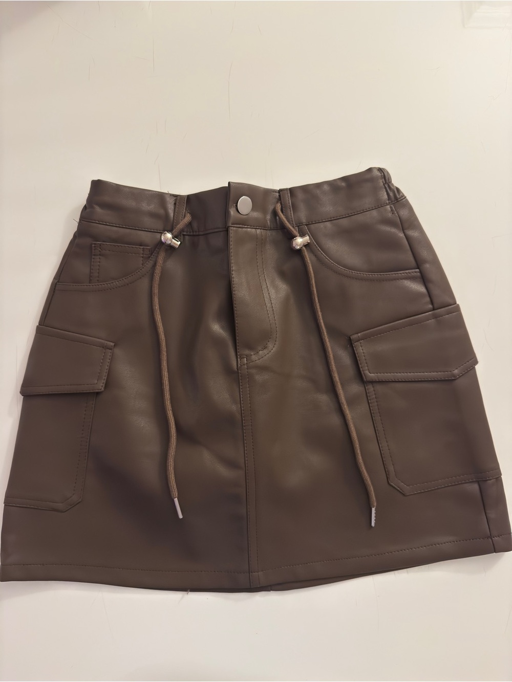 High Waisted Faux Leather Brown Cargo Mini Skort